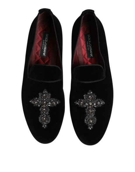 Dolce & Gabbana Black Velvet Crystal Crown Formal Dress Shoes Dolce & Gabbana Black Velvet Crystal Crown Formal Dress Shoes