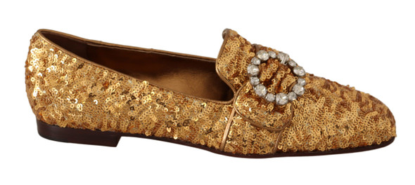 Dolce & Gabbana Gold Sequin Crystal Flat Women Loafers Shoes Dolce & Gabbana Gold Sequin Crystal Flat Women Loafers Shoes
