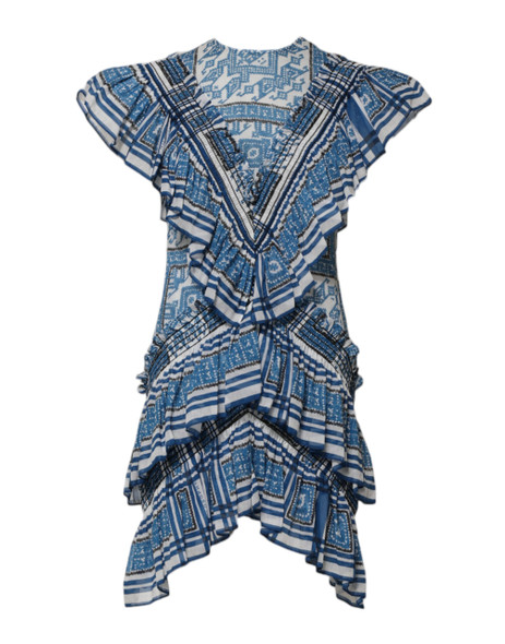 Philosophy di Lorenzo Serafini Blue Patterned Layered Short Sleeves Mini Dress Philosophy di Lorenzo Serafini Blue Patterned Layered Short Sleeves Mini Dress