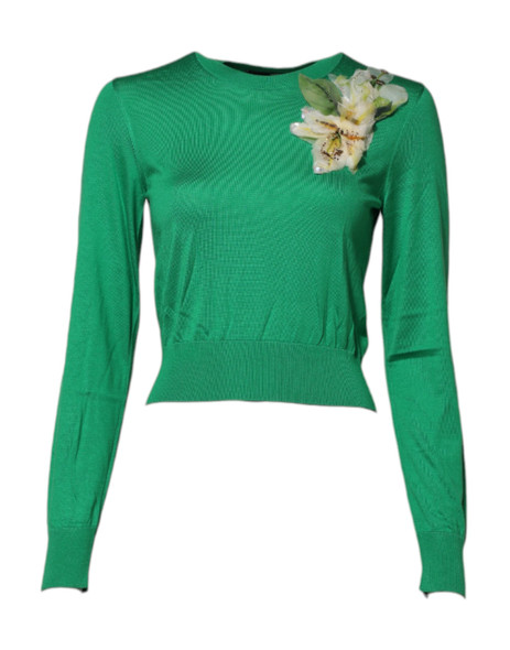 Green Floral Detailing Silk Pullover Sweater Green Floral Detailing Silk Pullover Sweater