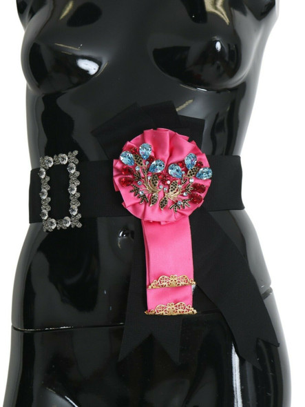 Dolce & Gabbana Black Pink Flower Brooch Crystals Cotton Belt Dolce & Gabbana Black Pink Flower Brooch Crystals Cotton Belt