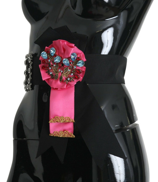 Dolce & Gabbana Black Pink Flower Brooch Crystals Cotton Belt Dolce & Gabbana Black Pink Flower Brooch Crystals Cotton Belt