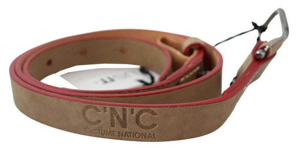 Beige Leather Silver Logo Buckle Waist Belt Beige Leather Silver Logo Buckle Waist Belt