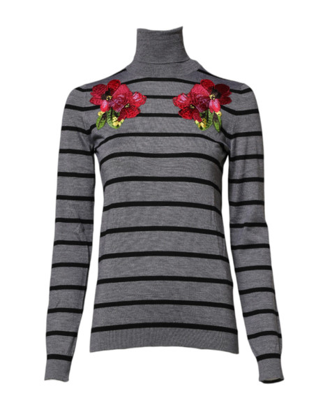 Dolce & Gabbana Gray Floral Embroidery Pullover Sweater Dolce & Gabbana Gray Floral Embroidery Pullover Sweater