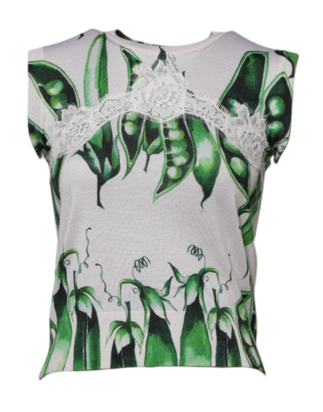 Dolce & Gabbana White Green Pea Print Sleeveless Blouse Top Dolce & Gabbana White Green Pea Print Sleeveless Blouse Top