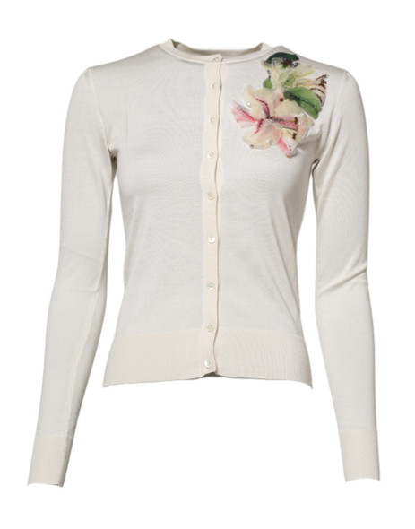 Dolce & Gabbana White Silk Lily Embellished Cardigan Sweater Dolce & Gabbana White Silk Lily Embellished Cardigan Sweater