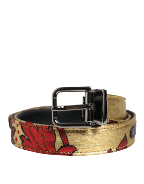 Dolce & Gabbana Gold Floral Jacquard Silver Metal Buckle Belt Dolce & Gabbana Gold Floral Jacquard Silver Metal Buckle Belt