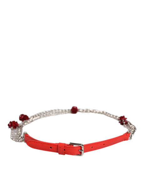 Red Leather Silver Chain Floral Cintura Belt Red Leather Silver Chain Floral Cintura Belt