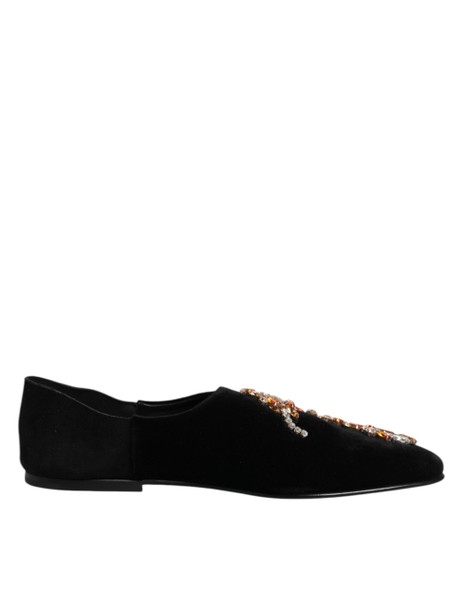 Dolce & Gabbana Black Velvet Embellished Loafer Slip On Shoes Dolce & Gabbana Black Velvet Embellished Loafer Slip On Shoes