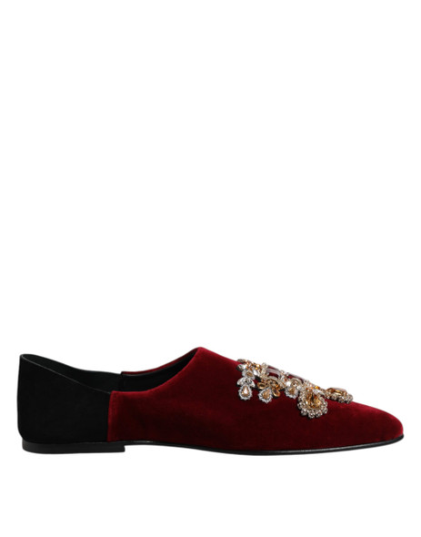 Dolce & Gabbana Black Red Velvet Embellished Slip On Shoes Dolce & Gabbana Black Red Velvet Embellished Slip On Shoes