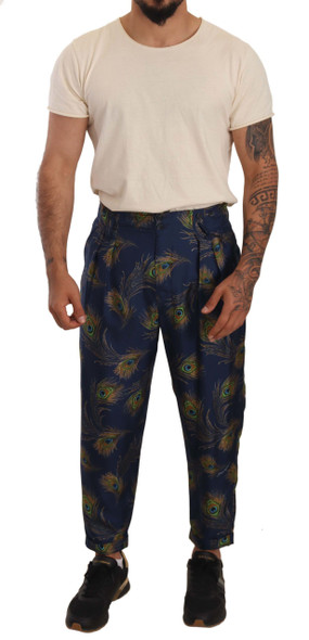Blue Peacock Print Tapered Trousers Silk Pants Blue Peacock Print Tapered Trousers Silk Pants
