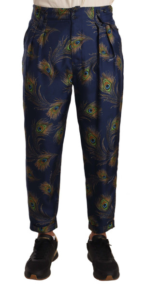 Blue Peacock Print Tapered Trousers Silk Pants Blue Peacock Print Tapered Trousers Silk Pants