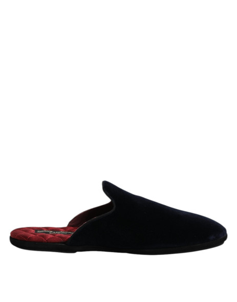 Dolce & Gabbana Dark Blue Viscose Velvet Slides Flat Slipper Shoes Dolce & Gabbana Dark Blue Viscose Velvet Slides Flat Slipper Shoes