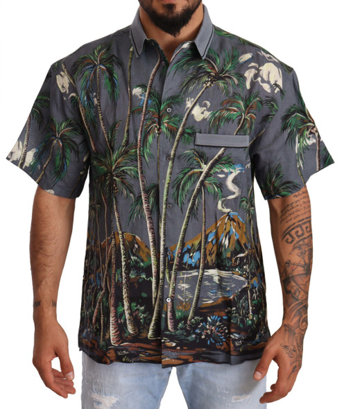 Gray Linen Tropical Print Collared Shirt Gray Linen Tropical Print Collared Shirt