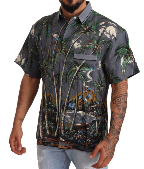 Gray Linen Tropical Print Collared Shirt Gray Linen Tropical Print Collared Shirt