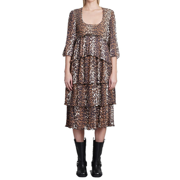 Ganni Pleated Georgette Leopard Midi Dress Ganni Pleated Georgette Leopard Midi Dress
