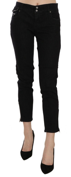 Black Mid Waist Cropped Cut Hem Denim Casual Pants Black Mid Waist Cropped Cut Hem Denim Casual Pants