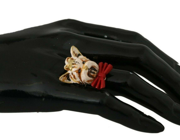 Dolce & Gabbana Beige Dog Pet Branded Accessory Gold Brass Resin Ring Dolce & Gabbana Beige Dog Pet Branded Accessory Gold Brass Resin Ring