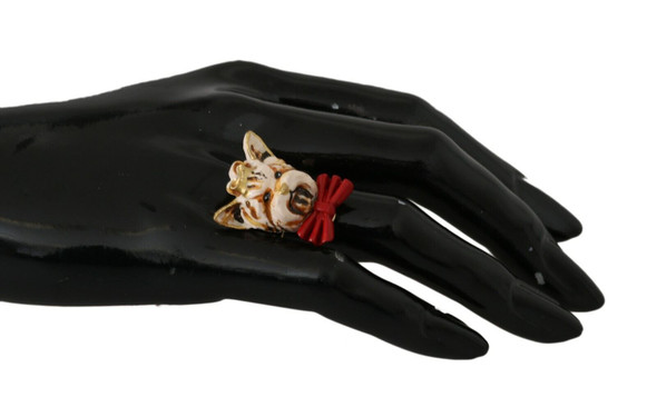Dolce & Gabbana Beige Dog Pet Branded Accessory Gold Brass Resin Ring Dolce & Gabbana Beige Dog Pet Branded Accessory Gold Brass Resin Ring