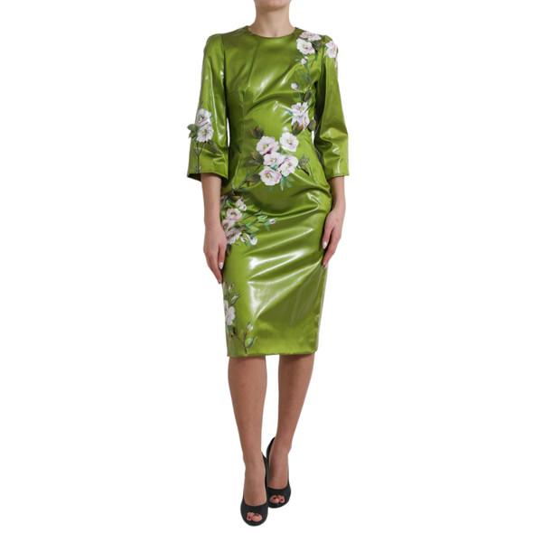 Dolce & Gabbana Green Floral Embellished Sheath Midi Dress Dolce & Gabbana Green Floral Embellished Sheath Midi Dress