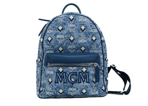 Stark Small Blue Vintage Jacquard Monogram Logo Fabric Backpack Bookbag Stark Small Blue Vintage Jacquard Monogram Logo Fabric Backpack Bookbag