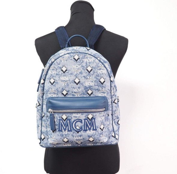 Stark Small Blue Vintage Jacquard Monogram Logo Fabric Backpack Bookbag Stark Small Blue Vintage Jacquard Monogram Logo Fabric Backpack Bookbag