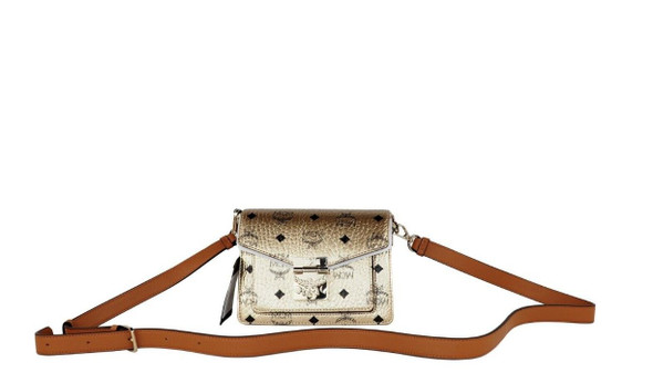 MCM Signature Berlin Gold Diamond Logo Leather Mini Flap Lock Crossbody Handbag MCM Signature Berlin Gold Diamond Logo Leather Mini Flap Lock Crossbody Handbag