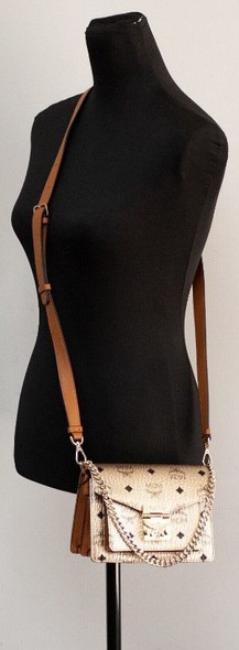 MCM Signature Berlin Gold Diamond Logo Leather Mini Flap Lock Crossbody Handbag MCM Signature Berlin Gold Diamond Logo Leather Mini Flap Lock Crossbody Handbag