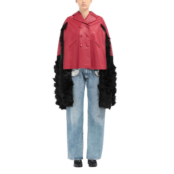 Faux Fur Trimmed Leather Cape Jacket Faux Fur Trimmed Leather Cape Jacket