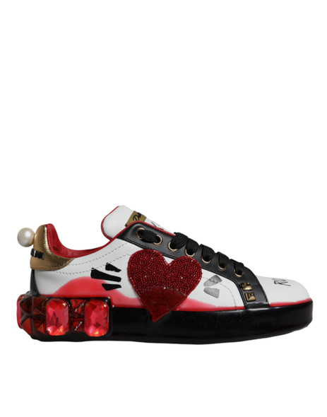 Dolce & Gabbana White Red Crystals Leather Portofino Sneakers Shoes LA12189 Dolce & Gabbana White Red Crystals Leather Portofino Sneakers Shoes LA12189