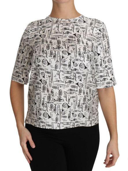 White Musical Instruments Print Blouse White Musical Instruments Print Blouse
