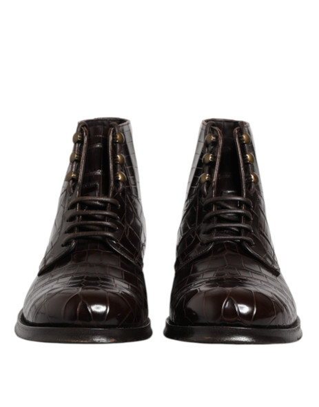 Dolce & Gabbana Dark Brown Leather Lace Up Short Boots Shoes Dolce & Gabbana Dark Brown Leather Lace Up Short Boots Shoes