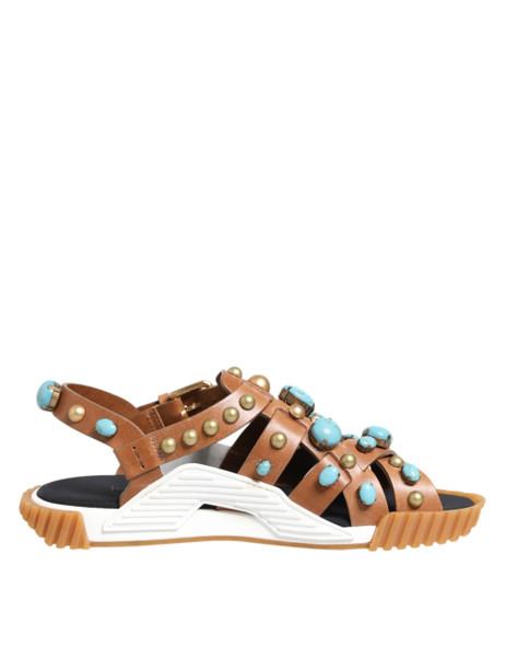 Dolce & Gabbana Brown Leather Studded Slides Sandals Shoes Dolce & Gabbana Brown Leather Studded Slides Sandals Shoes
