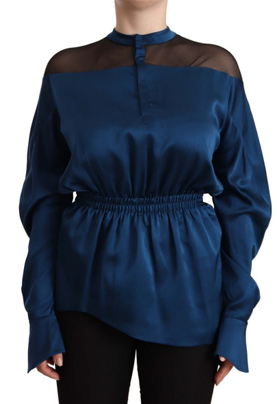 Blue Silk Long Sleeves Elastic Waist Top Blouse Blue Silk Long Sleeves Elastic Waist Top Blouse