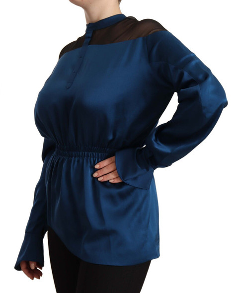 Blue Silk Long Sleeves Elastic Waist Top Blouse Blue Silk Long Sleeves Elastic Waist Top Blouse