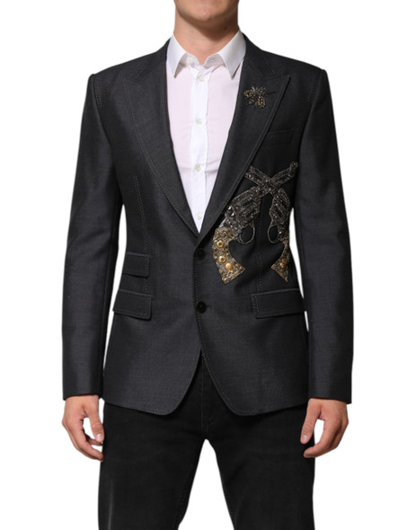 Dolce & Gabbana Dark Gray Bee Embroidery Wool Coat Blazer Dolce & Gabbana Dark Gray Bee Embroidery Wool Coat Blazer
