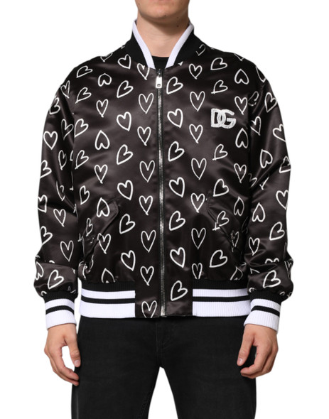 Dolce & Gabbana Black Polyester Heart Print Bomber Jacket Dolce & Gabbana Black Polyester Heart Print Bomber Jacket