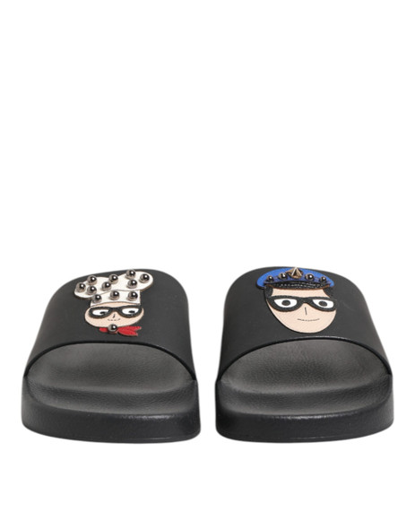 Dolce & Gabbana Black Leather Slides Flats Beachwear Shoes Dolce & Gabbana Black Leather Slides Flats Beachwear Shoes