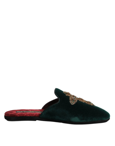 Dolce & Gabbana Green Velvet Cross Embellished Slippers Shoes Dolce & Gabbana Green Velvet Cross Embellished Slippers Shoes
