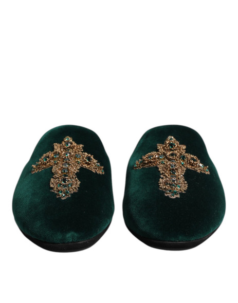 Dolce & Gabbana Green Velvet Cross Embellished Slippers Shoes Dolce & Gabbana Green Velvet Cross Embellished Slippers Shoes
