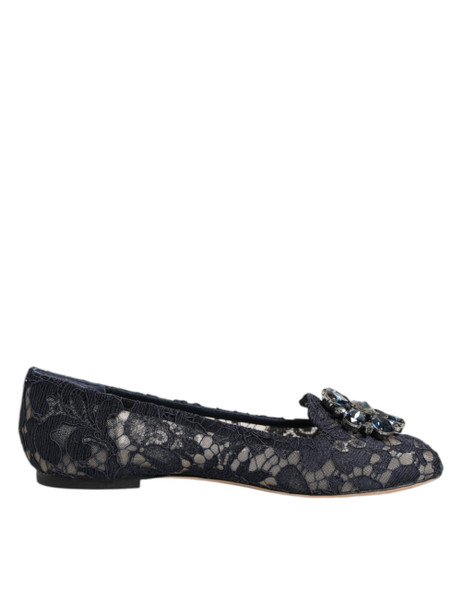 Dolce & Gabbana Blue Taormina Lace Crystals Flats Shoes LA12405 Dolce & Gabbana Blue Taormina Lace Crystals Flats Shoes LA12405