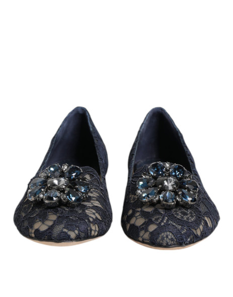 Dolce & Gabbana Blue Taormina Lace Crystals Flats Shoes LA12405 Dolce & Gabbana Blue Taormina Lace Crystals Flats Shoes LA12405