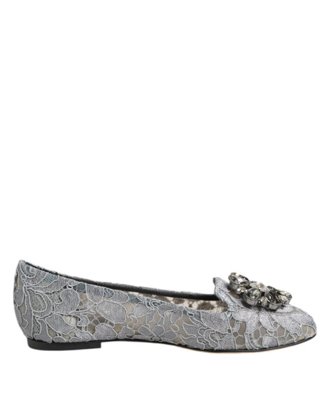 Dolce & Gabbana Gray Taormina Lace Crystals Flats Shoes Dolce & Gabbana Gray Taormina Lace Crystals Flats Shoes