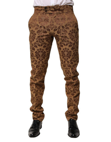 Brown Floral Jacquard Men Skinny Trouser Pants Brown Floral Jacquard Men Skinny Trouser Pants