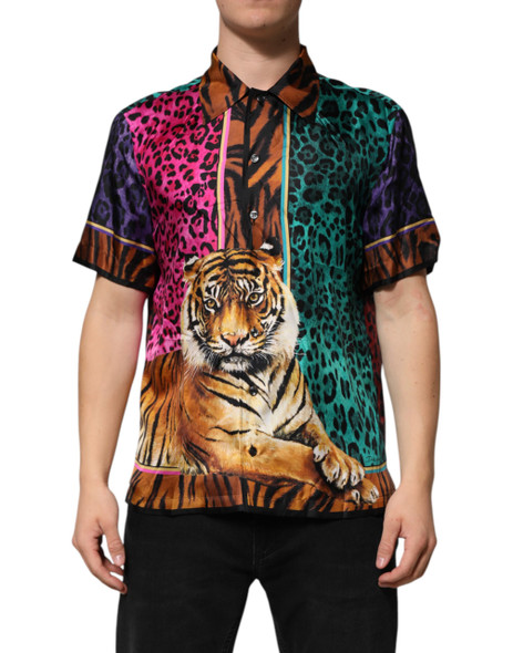 Multicolor Silk Tiger Print Hawaiian T-shirt Multicolor Silk Tiger Print Hawaiian T-shirt