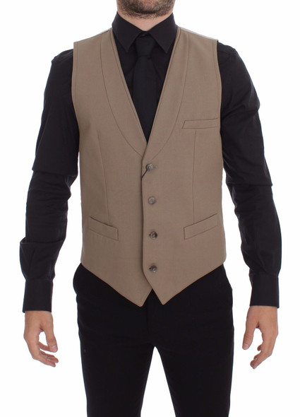 Dolce & Gabbana Beige Cotton Slim Fit Button Front Dress Vest Dolce & Gabbana Beige Cotton Slim Fit Button Front Dress Vest