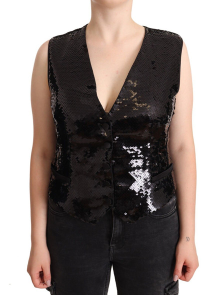 Dolce & Gabbana Black Sequin V-Neck Sleeveless Vest Tank Top Dolce & Gabbana Black Sequin V-Neck Sleeveless Vest Tank Top