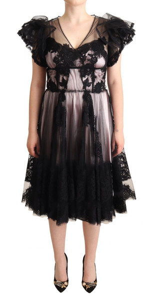 Black Pink Floral Lace A-line Midi Sheer Dress Black Pink Floral Lace A-line Midi Sheer Dress