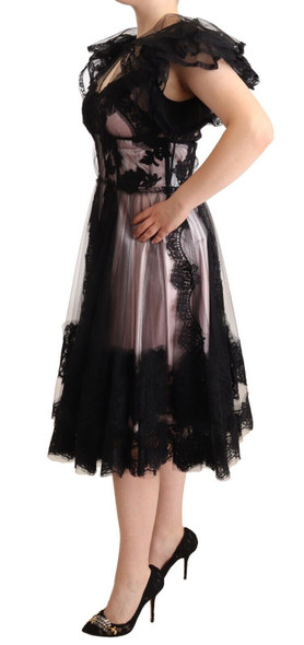 Black Pink Floral Lace A-line Midi Sheer Dress Black Pink Floral Lace A-line Midi Sheer Dress