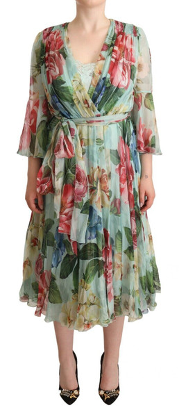 Green Floral Long Sleeves V-neck Midi Dress Green Floral Long Sleeves V-neck Midi Dress